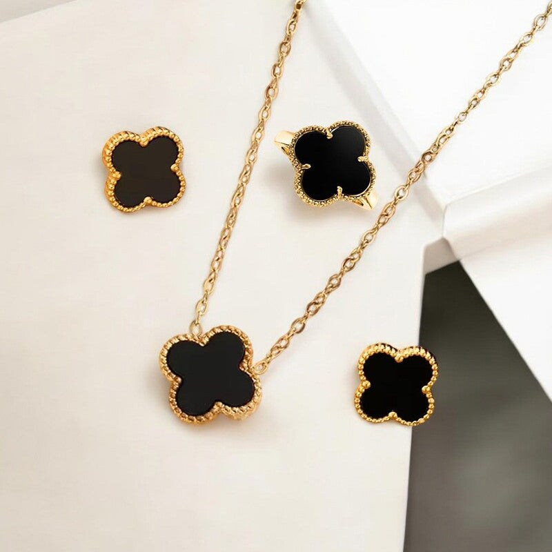 Anti Tarnish Black Clover Charm Jewelry Set – Necklace, Ring & Earrings