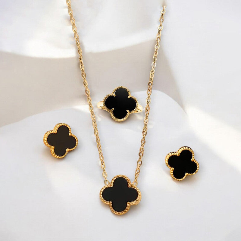Anti Tarnish Black Clover Charm Jewelry Set – Necklace, Ring & Earrings