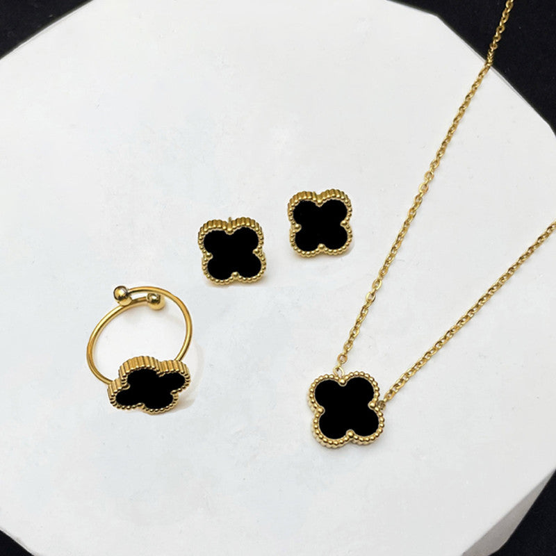 Anti Tarnish Black Clover Charm Jewelry Set – Necklace, Ring & Earrings