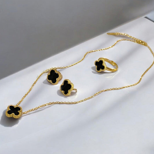 Anti Tarnish Black Clover Charm Jewelry Set – Necklace, Ring & Earrings