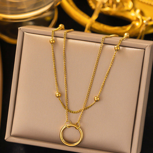 Gold-Plated Double Layer Necklace with Beads & Circle Pendant