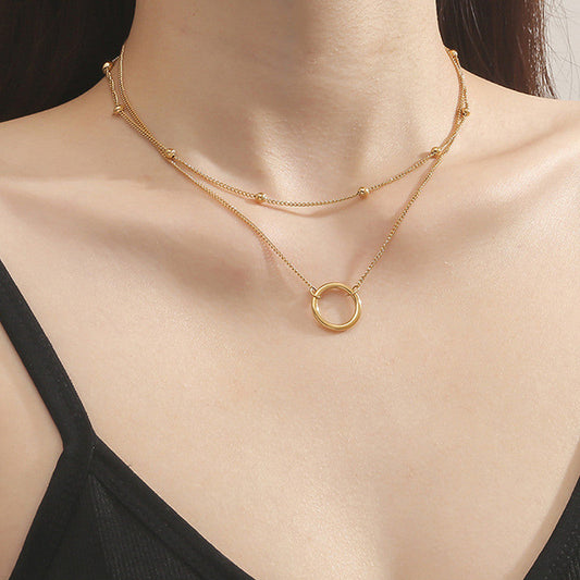 Gold-Plated Double Layer Necklace with Beads & Circle Pendant