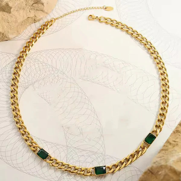 Gold Plated Anti Tarnish Green Stone Chain Necklace