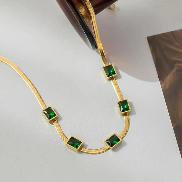 Gold Plated Anti Tarnish Green Stone Necklace