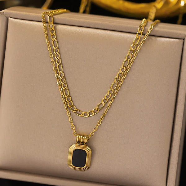 Gold Plated Anti Tarnish Black Stone Double Layer Necklace