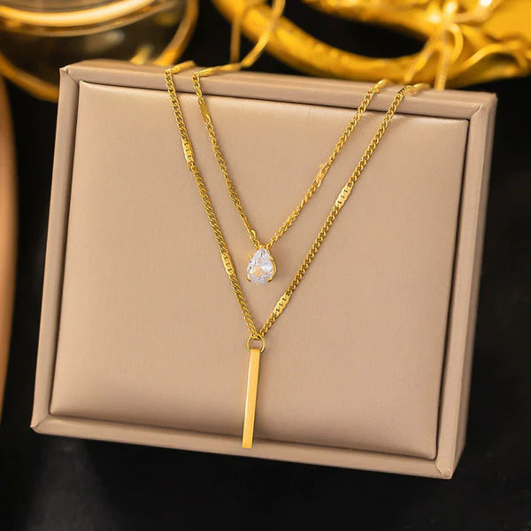 Teardrop Crystal Pendant and Sleek Bar Charm Gold Plated Anti Tarnish Layered Necklace