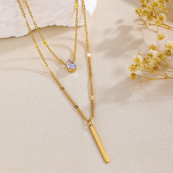 Teardrop Crystal Pendant and Sleek Bar Charm Gold Plated Anti Tarnish Layered Necklace