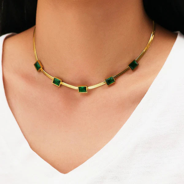 Gold Plated Anti Tarnish Green Stone Necklace