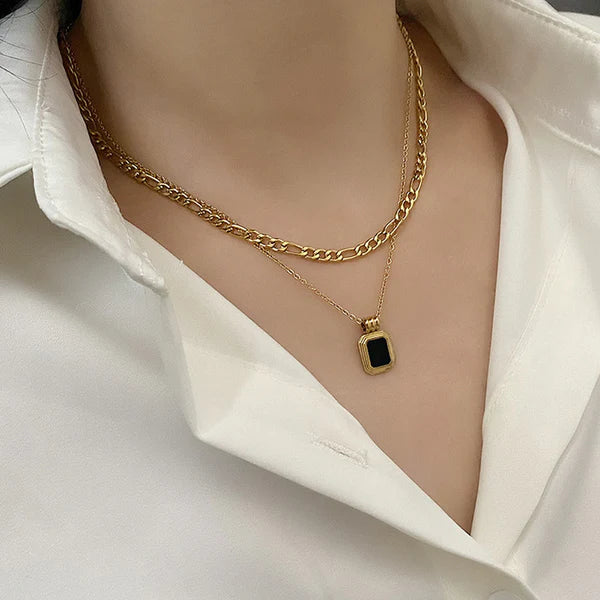 Gold Plated Anti Tarnish Black Stone Double Layer Necklace