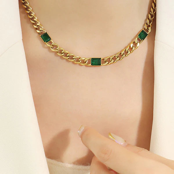 Gold Plated Anti Tarnish Green Stone Chain Necklace