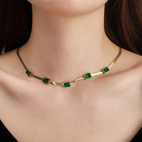 Gold Plated Anti Tarnish Green Stone Necklace