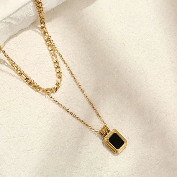 Gold Plated Anti Tarnish Black Stone Double Layer Necklace