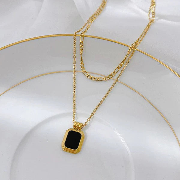Gold Plated Anti Tarnish Black Stone Double Layer Necklace