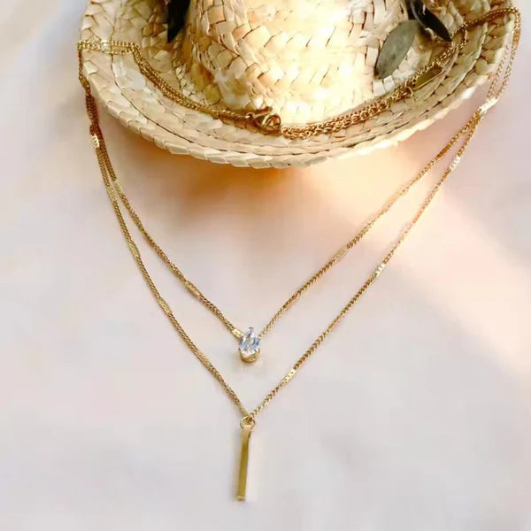 Teardrop Crystal Pendant and Sleek Bar Charm Gold Plated Anti Tarnish Layered Necklace