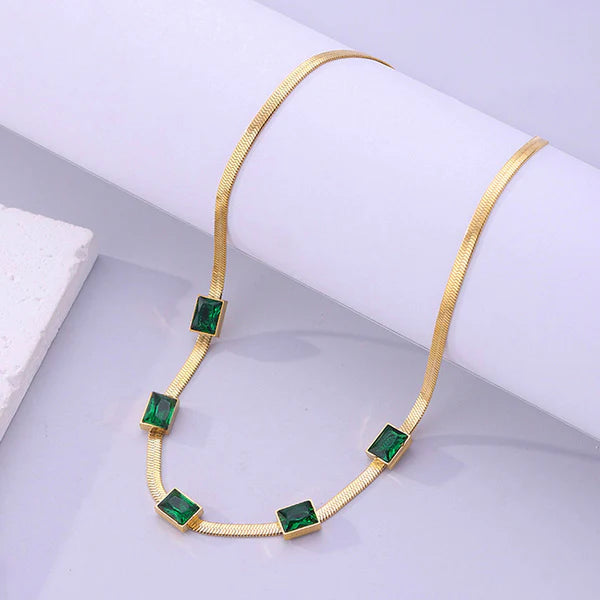 Gold Plated Anti Tarnish Green Stone Necklace