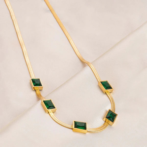Gold Plated Anti Tarnish Green Stone Necklace