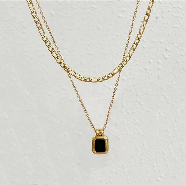 Gold Plated Anti Tarnish Black Stone Double Layer Necklace