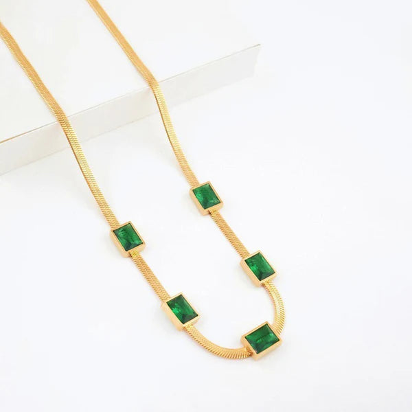 Gold Plated Anti Tarnish Green Stone Necklace