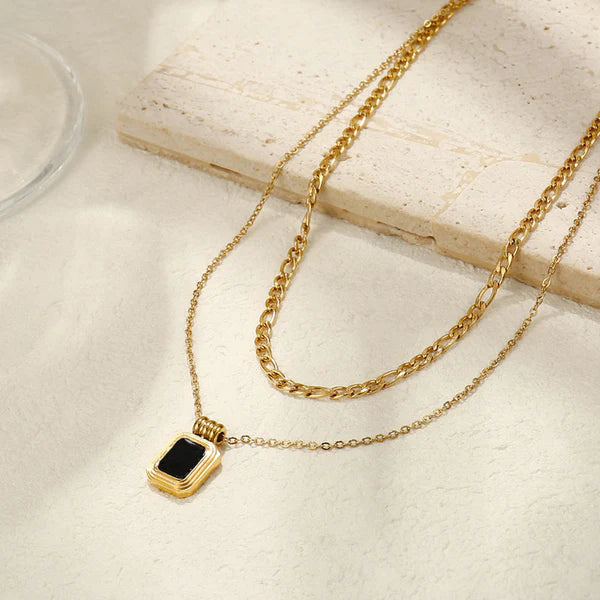 Gold Plated Anti Tarnish Black Stone Double Layer Necklace