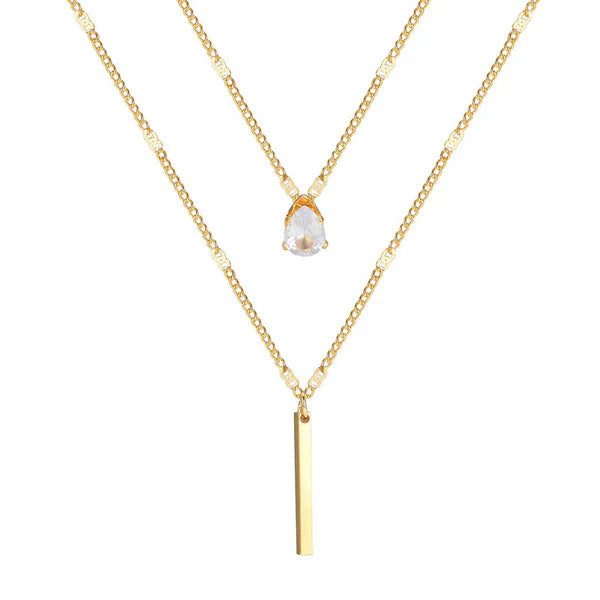 Teardrop Crystal Pendant and Sleek Bar Charm Gold Plated Anti Tarnish Layered Necklace