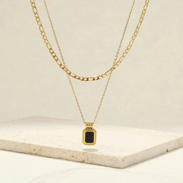 Gold Plated Anti Tarnish Black Stone Double Layer Necklace