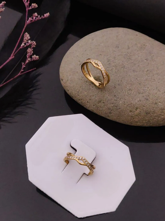 Dual-Band Wave Design Gold Plated Finger Ring with CZ Accents