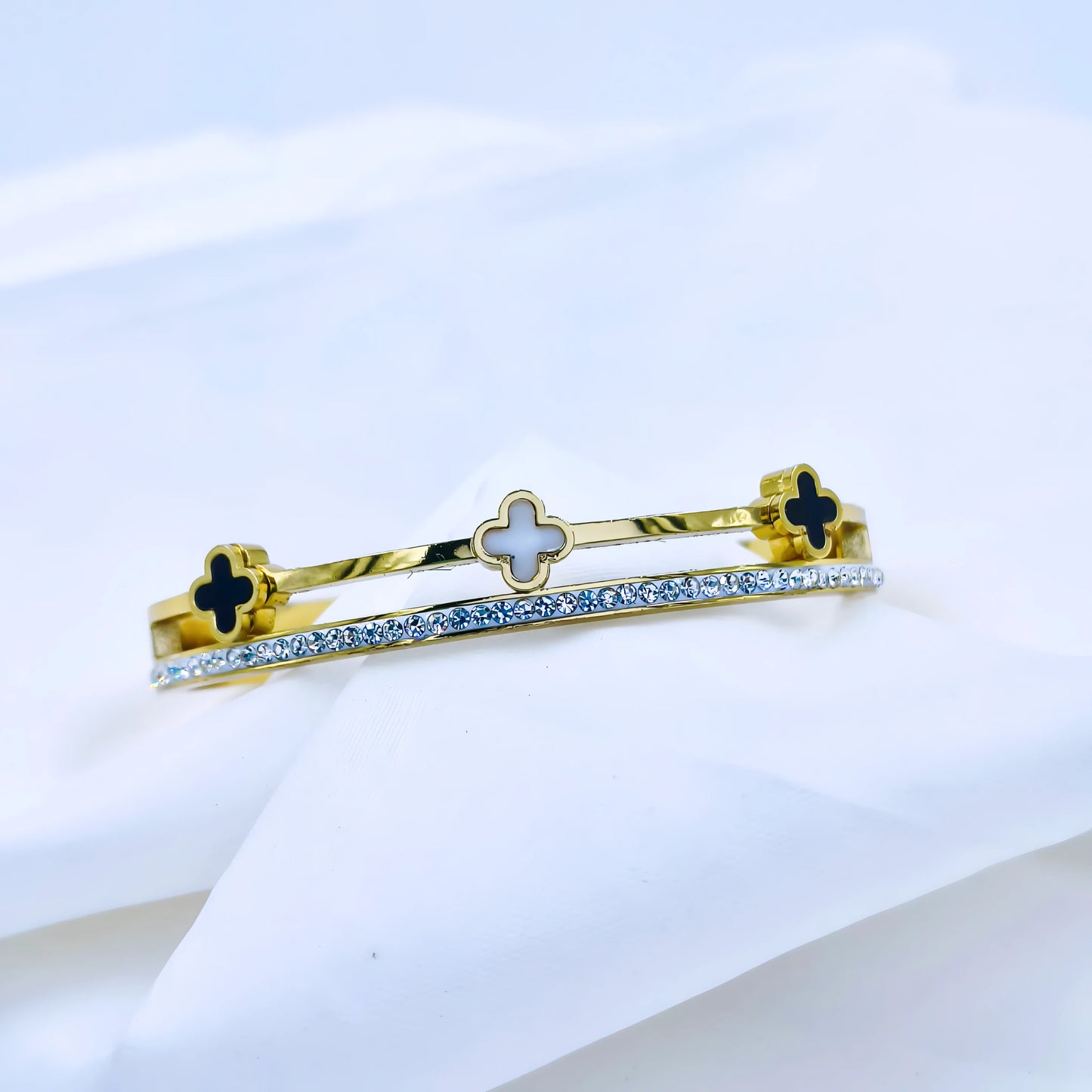 Dual Clover Crystal Line Anti-Tarnish Gold Plated Kada / Bracelet