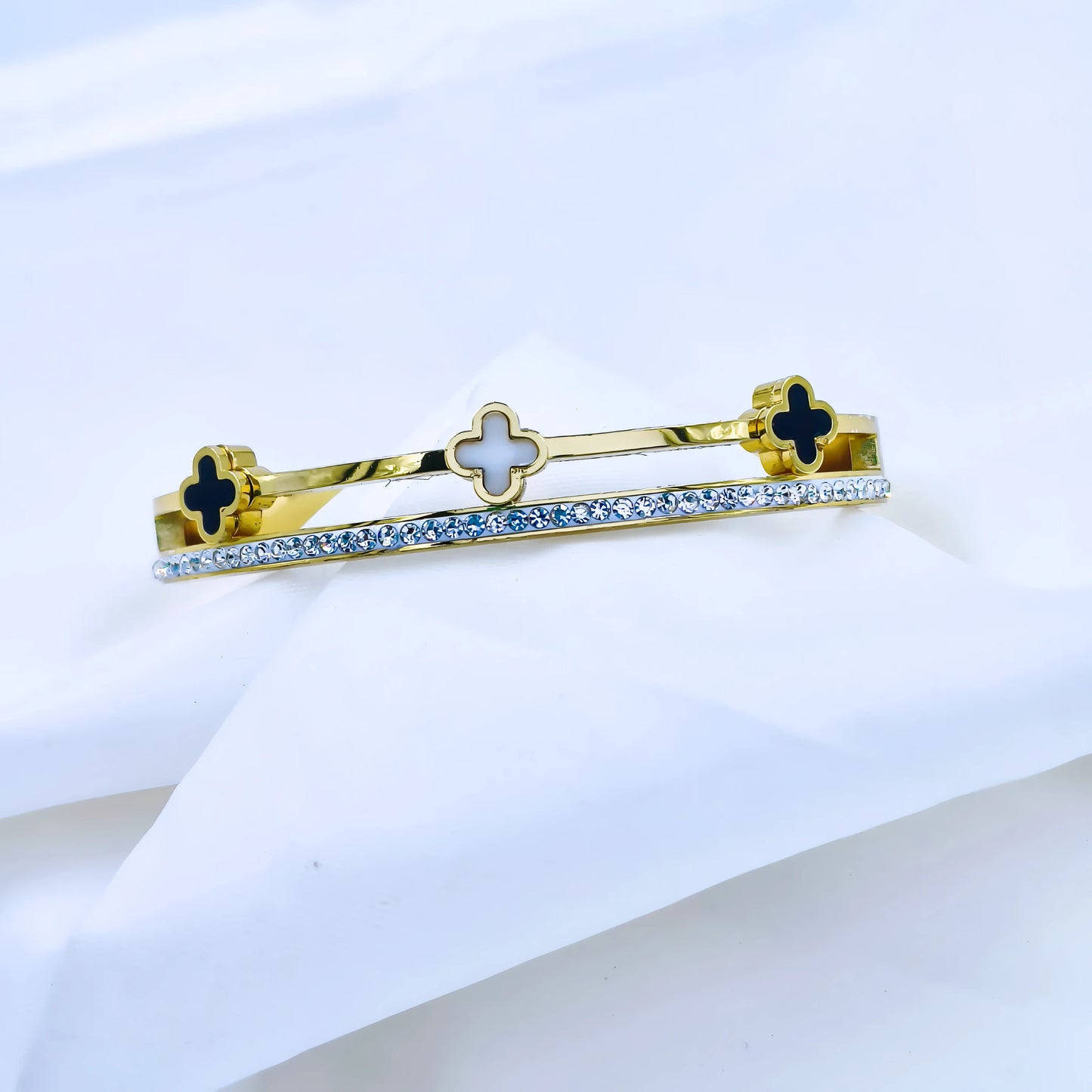 Dual Clover Crystal Line Anti-Tarnish Gold Plated Kada / Bracelet