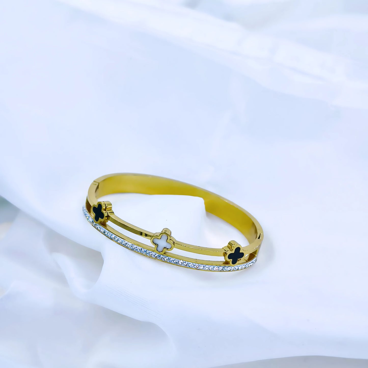 Dual Clover Crystal Line Anti-Tarnish Gold Plated Kada / Bracelet