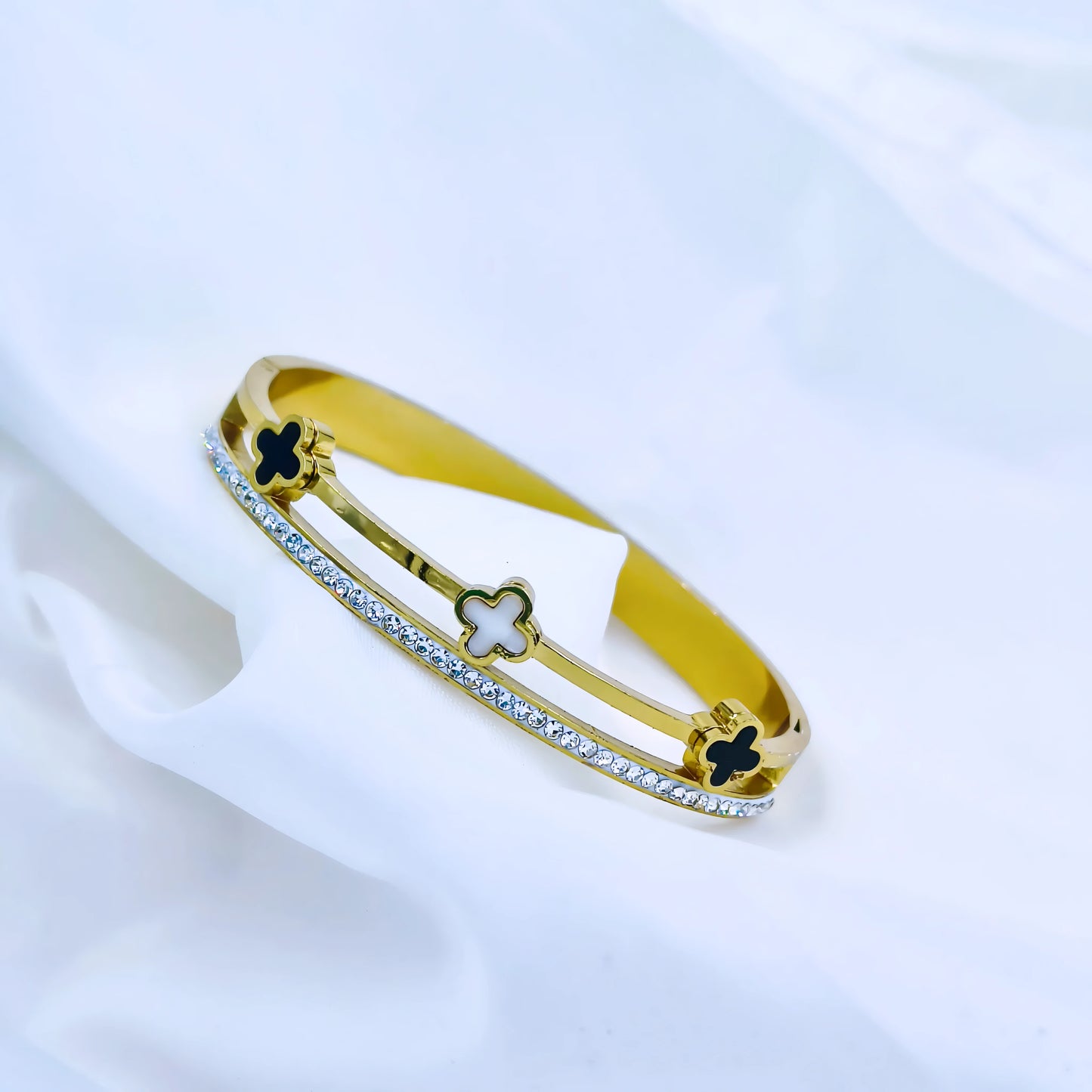 Dual Clover Crystal Line Anti-Tarnish Gold Plated Kada / Bracelet