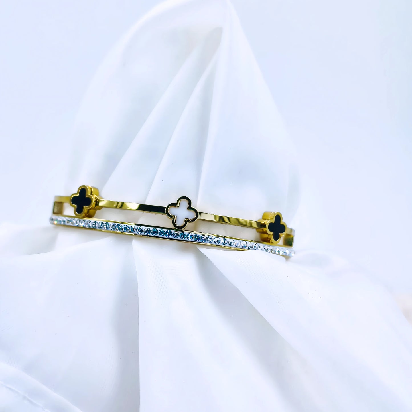 Dual Clover Crystal Line Anti-Tarnish Gold Plated Kada / Bracelet