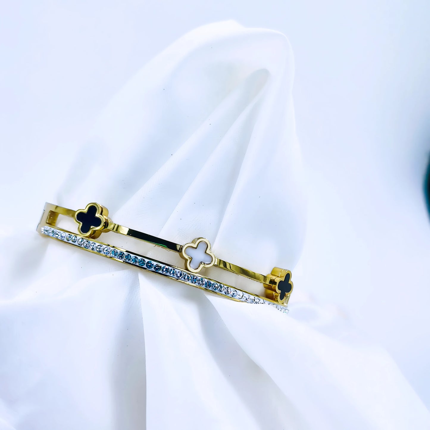Dual Clover Crystal Line Anti-Tarnish Gold Plated Kada / Bracelet
