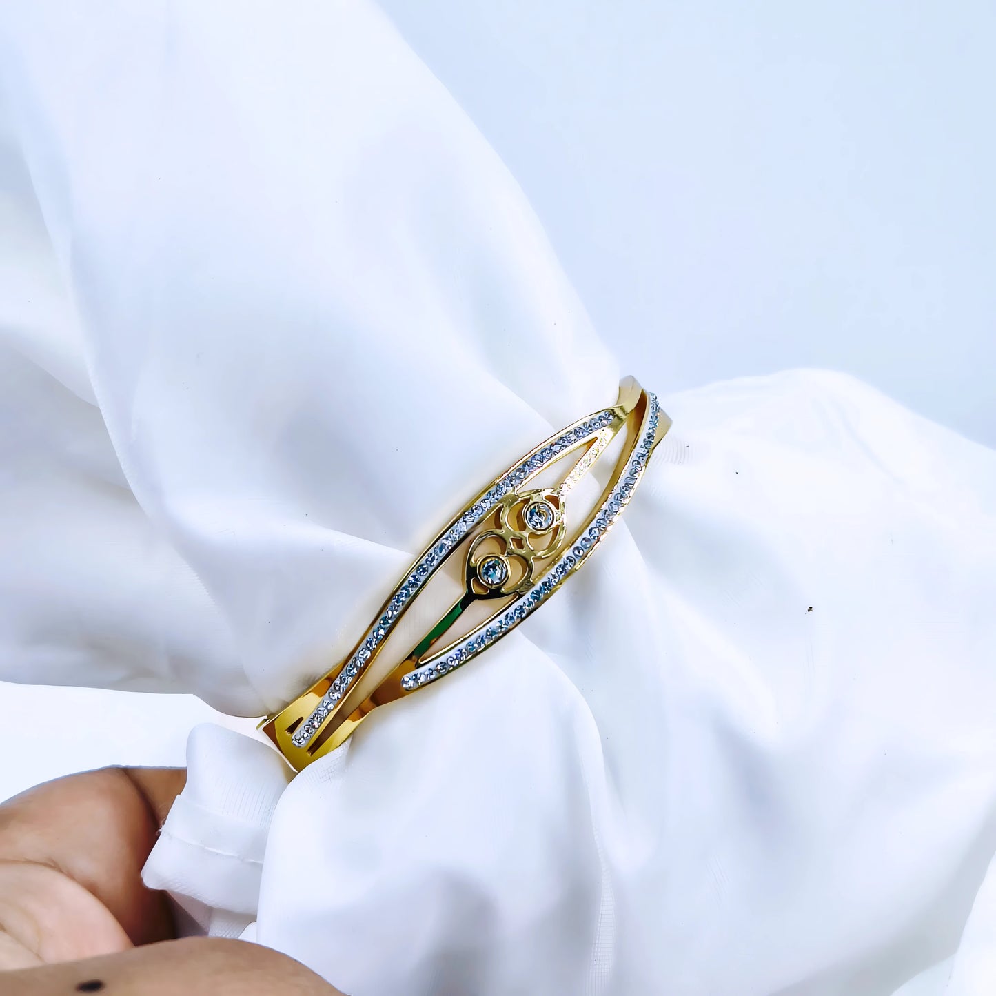 Dual Crystal Line Anti-Tarnish Gold Plated Kada / Bracelet (Free Size)