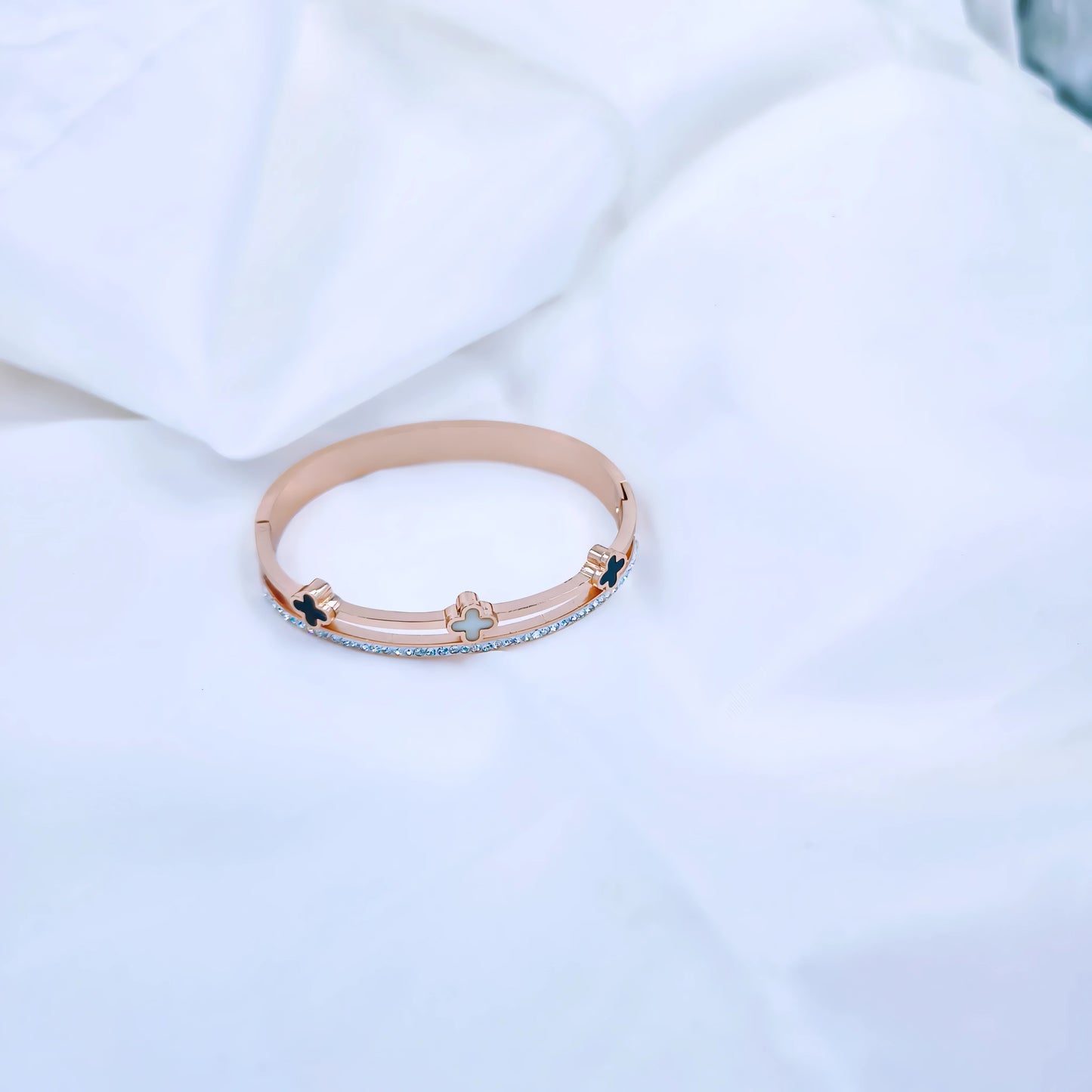 Rose Gold Clover Crystal Line Anti-Tarnish Kada / Bracelet