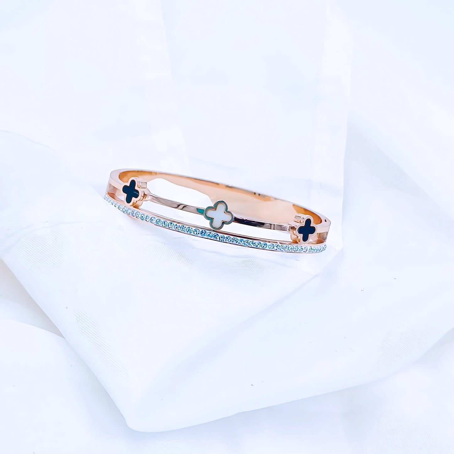 Rose Gold Clover Crystal Line Anti-Tarnish Kada / Bracelet