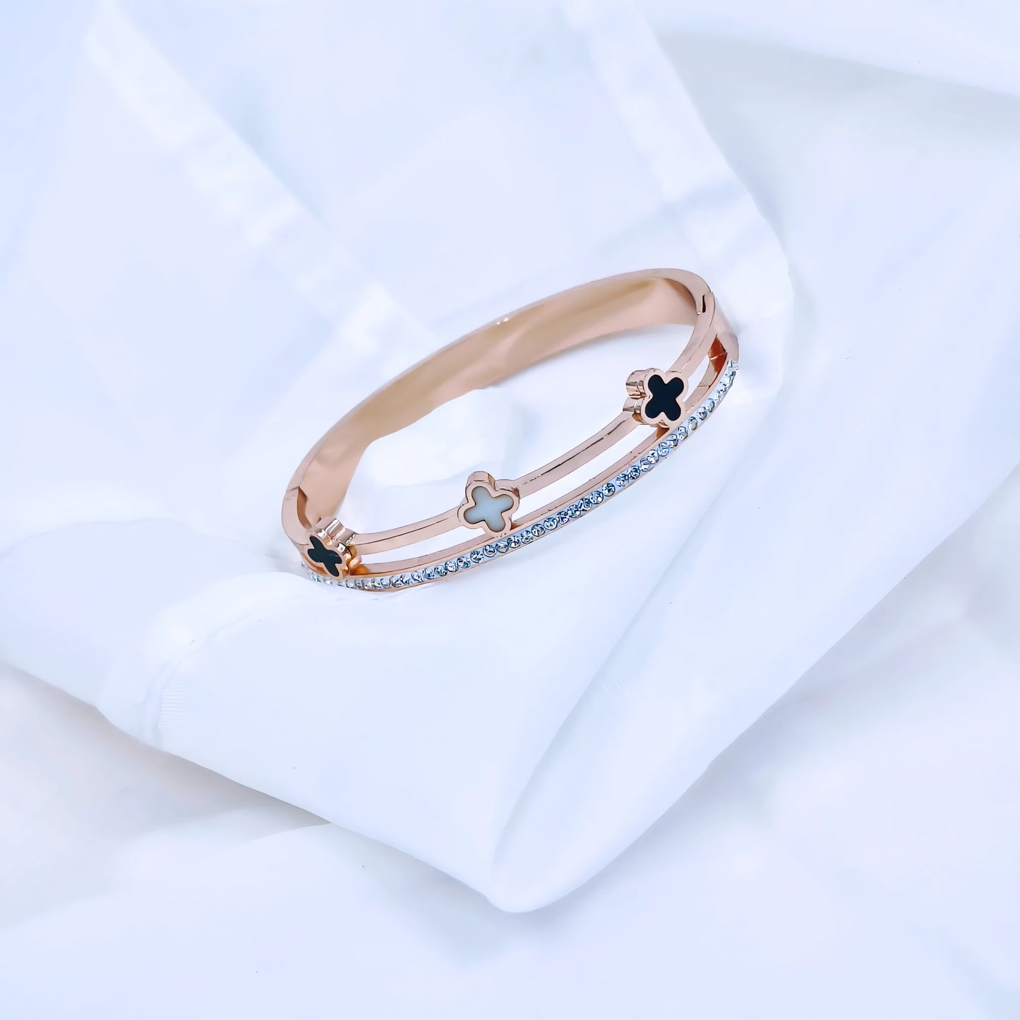 Rose Gold Clover Crystal Line Anti-Tarnish Kada / Bracelet