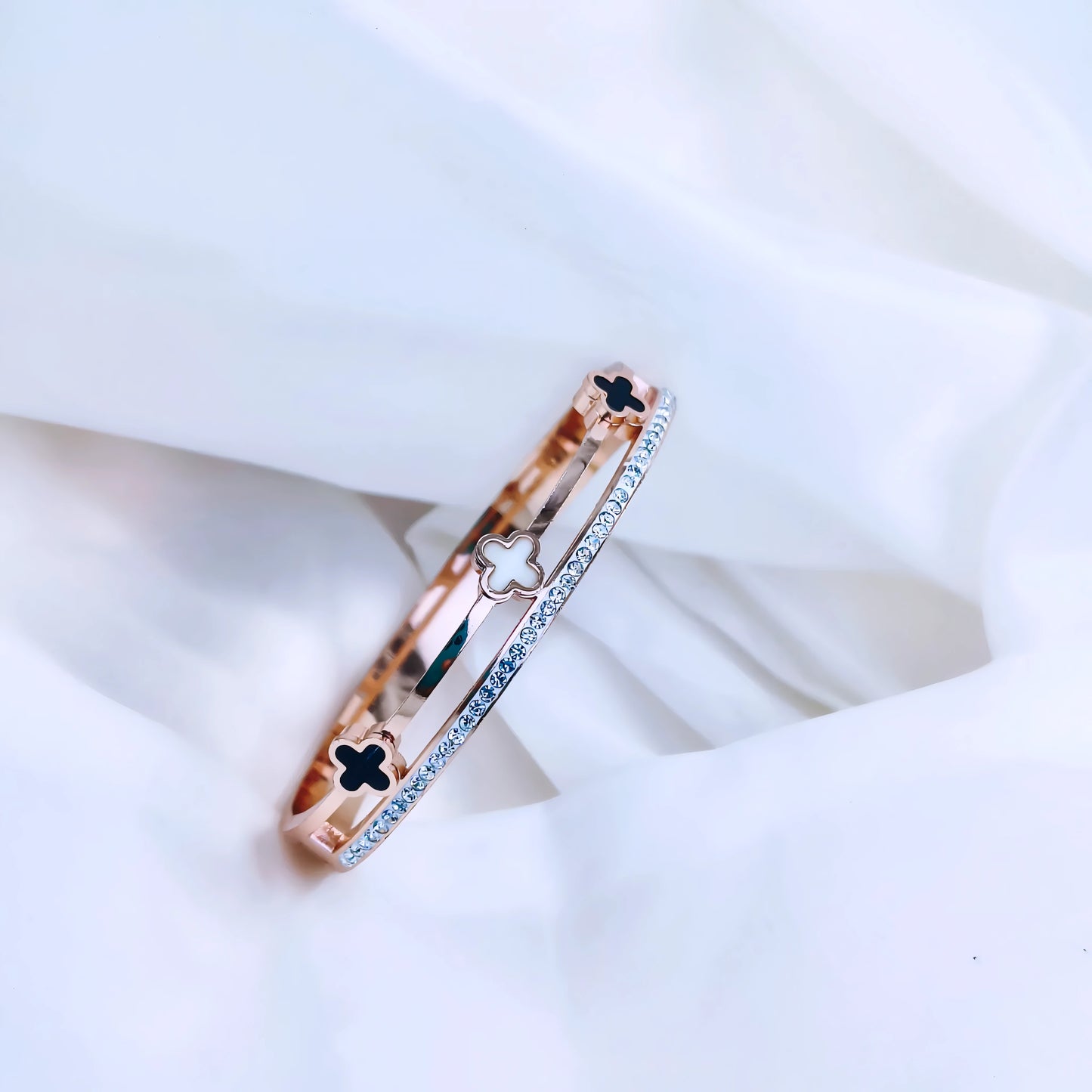 Rose Gold Clover Crystal Line Anti-Tarnish Kada / Bracelet