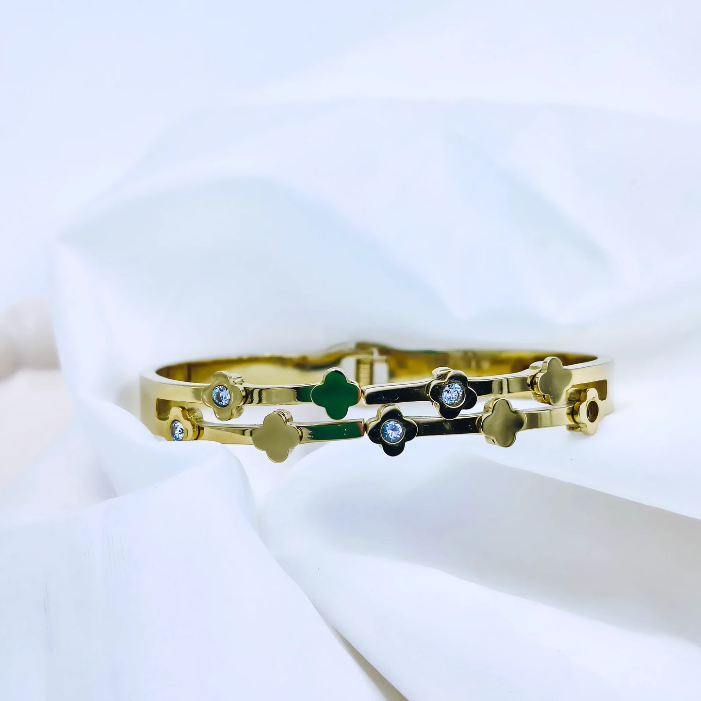 Multi Clover Crystal Accent Anti-Tarnish Gold Plated Kada / Bracelet