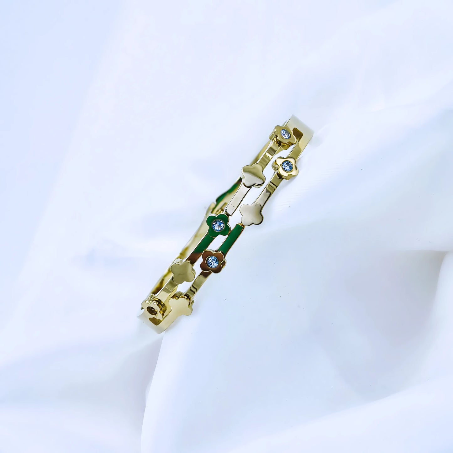 Multi Clover Crystal Accent Anti-Tarnish Gold Plated Kada / Bracelet