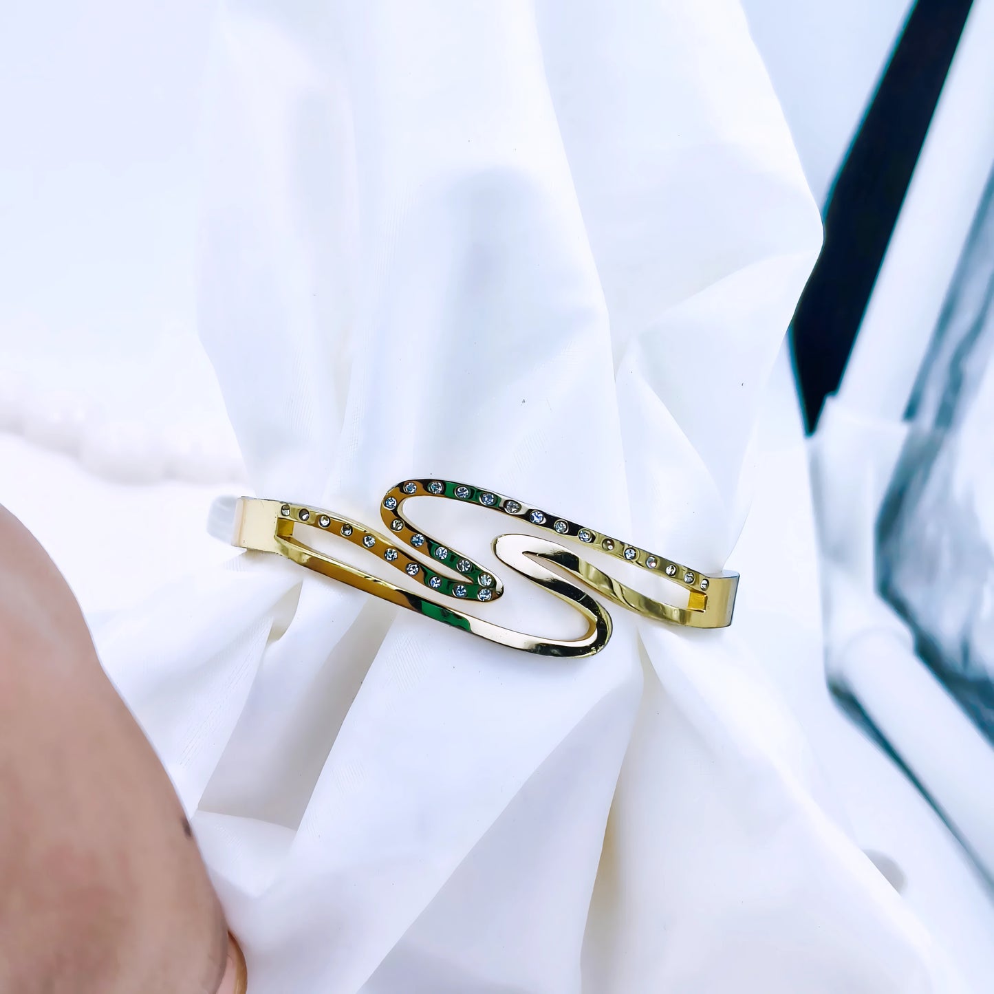 Curved Crystal Wave Anti-Tarnish Gold Plated Kada / Bracelet