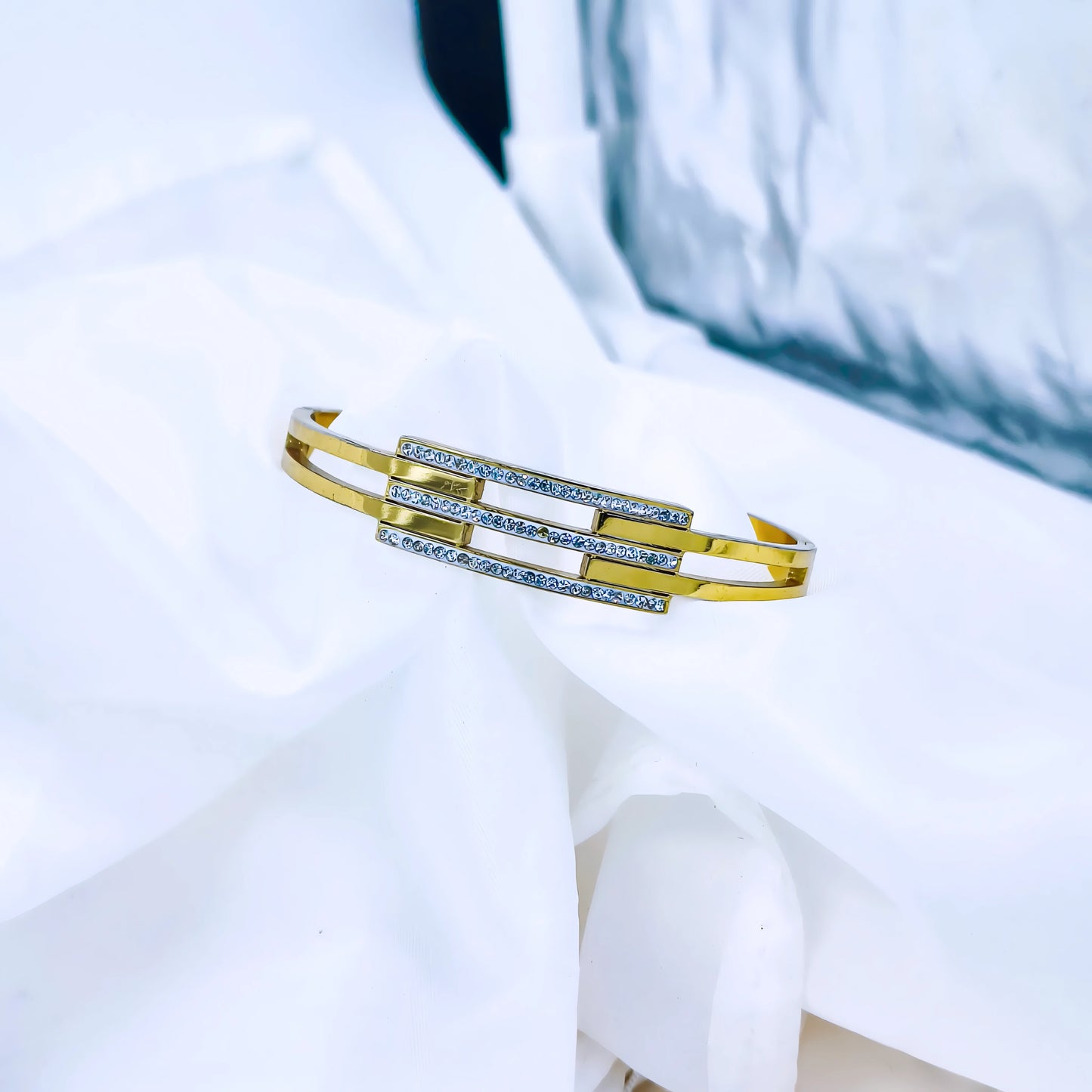 Triple Bar Crystal Accent Anti-Tarnish Gold Plated Kada / Bracelet