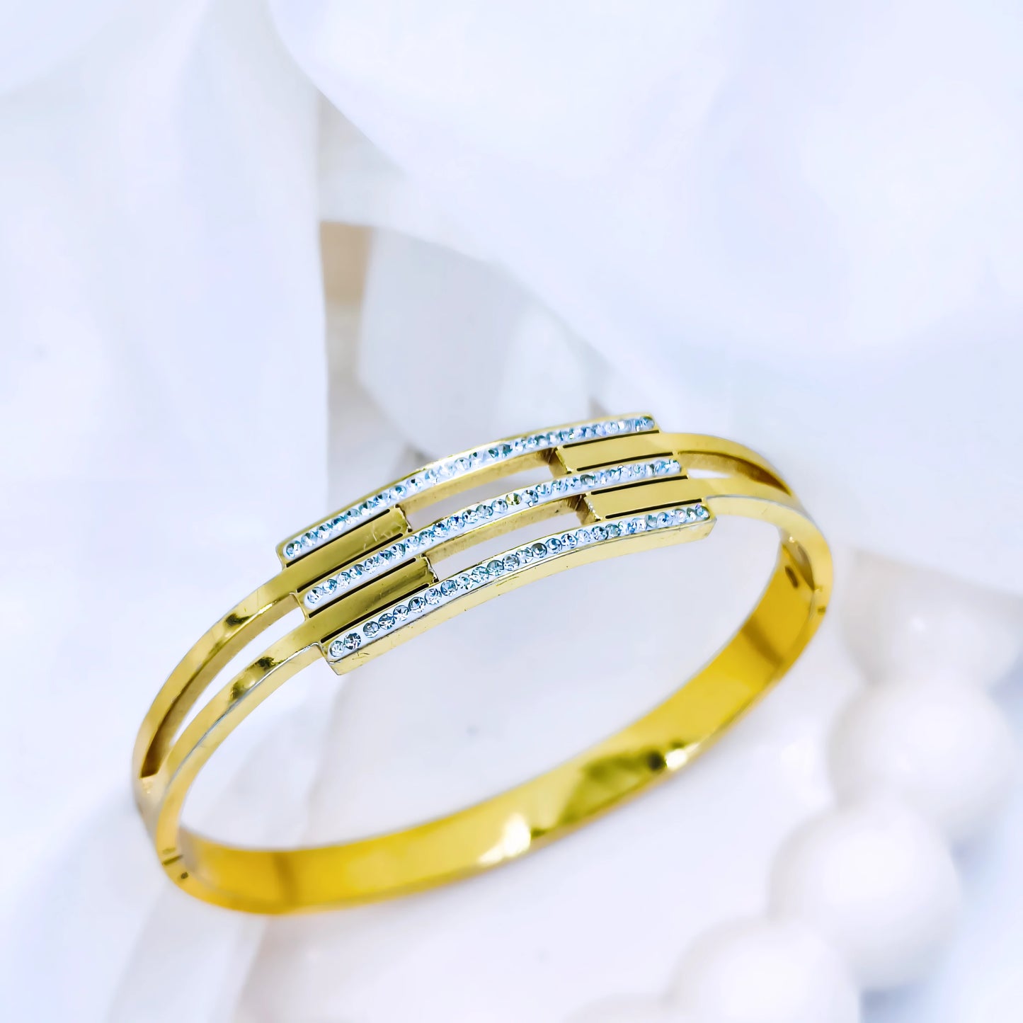 Triple Bar Crystal Accent Anti-Tarnish Gold Plated Kada / Bracelet
