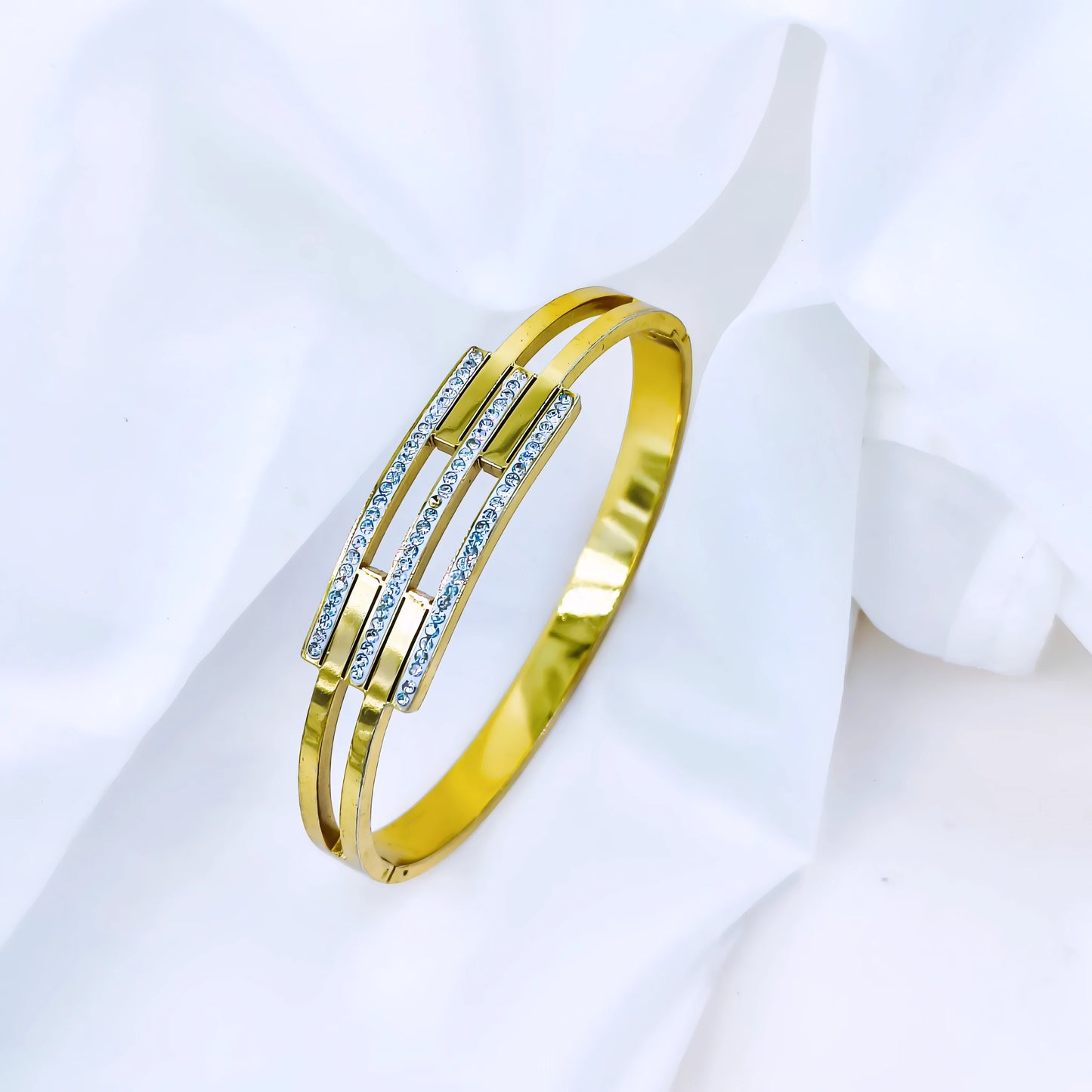 Triple Bar Crystal Accent Anti-Tarnish Gold Plated Kada / Bracelet