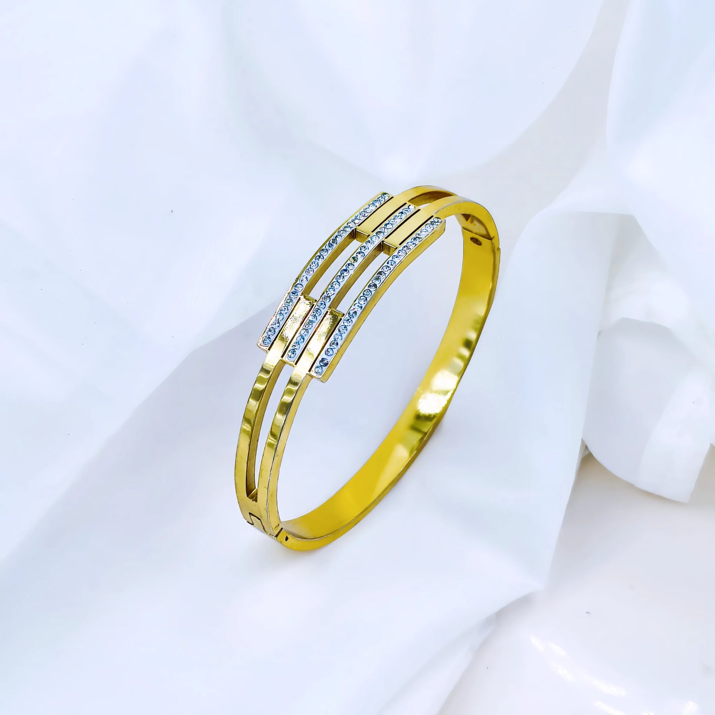 Triple Bar Crystal Accent Anti-Tarnish Gold Plated Kada / Bracelet