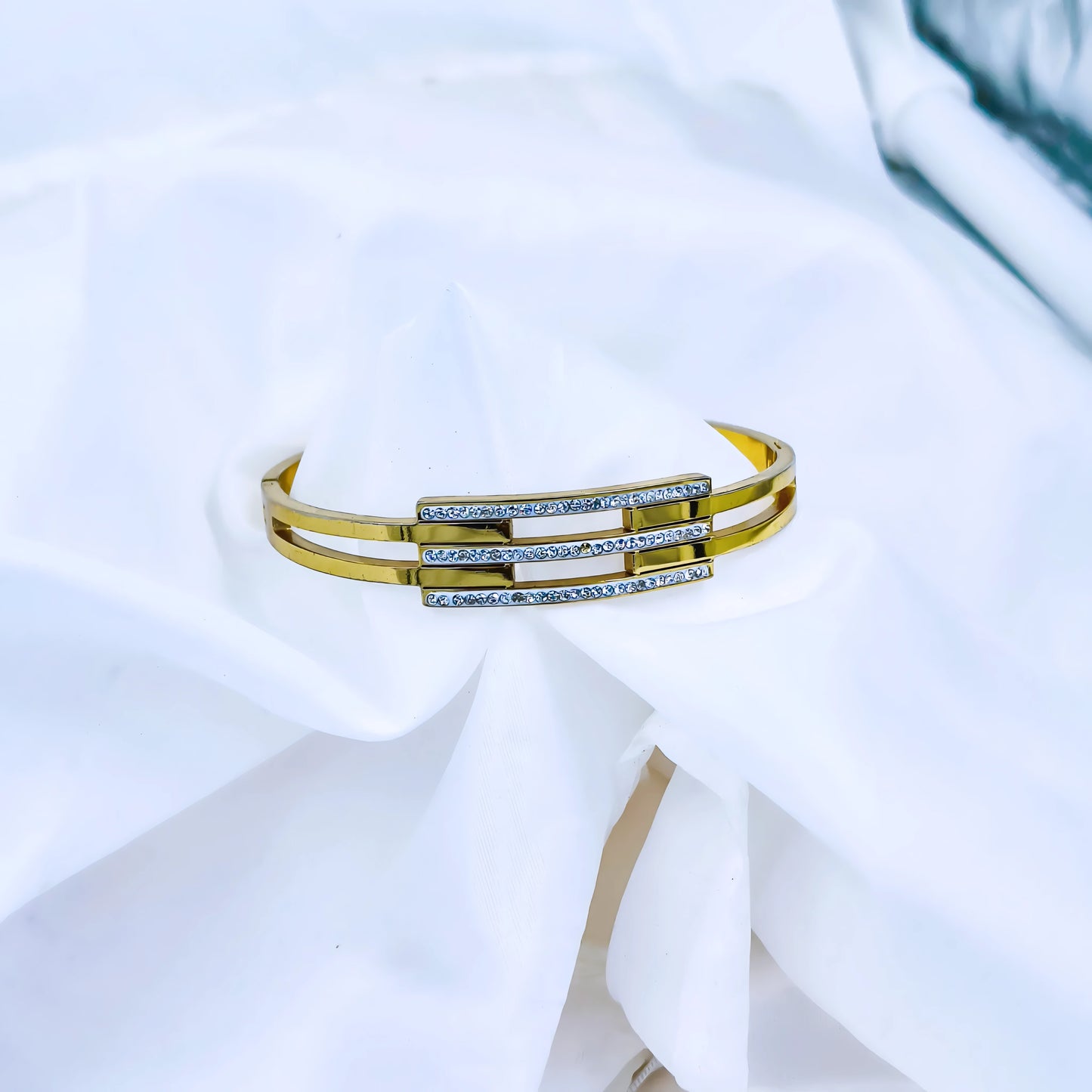 Triple Bar Crystal Accent Anti-Tarnish Gold Plated Kada / Bracelet