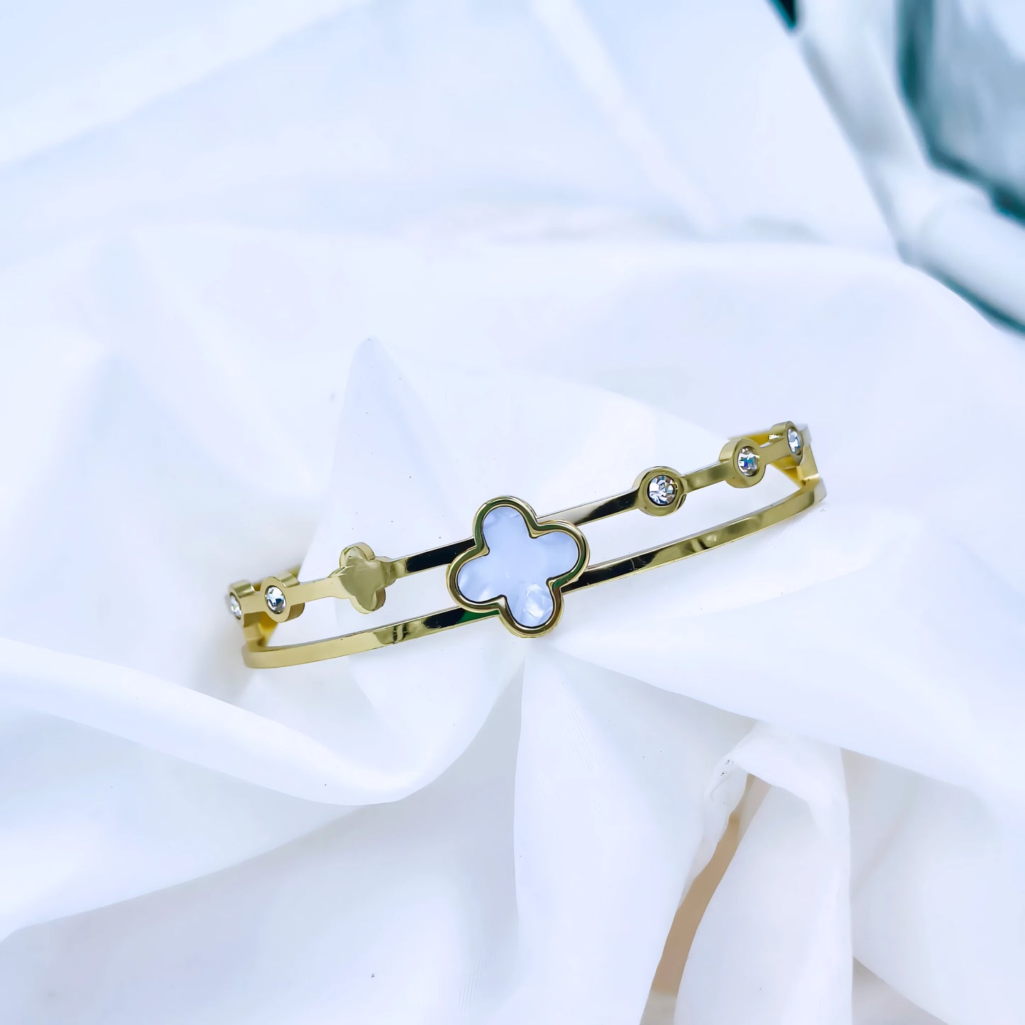 White Clover Crystal Accent Anti-Tarnish Gold Plated Kada / Bracelet