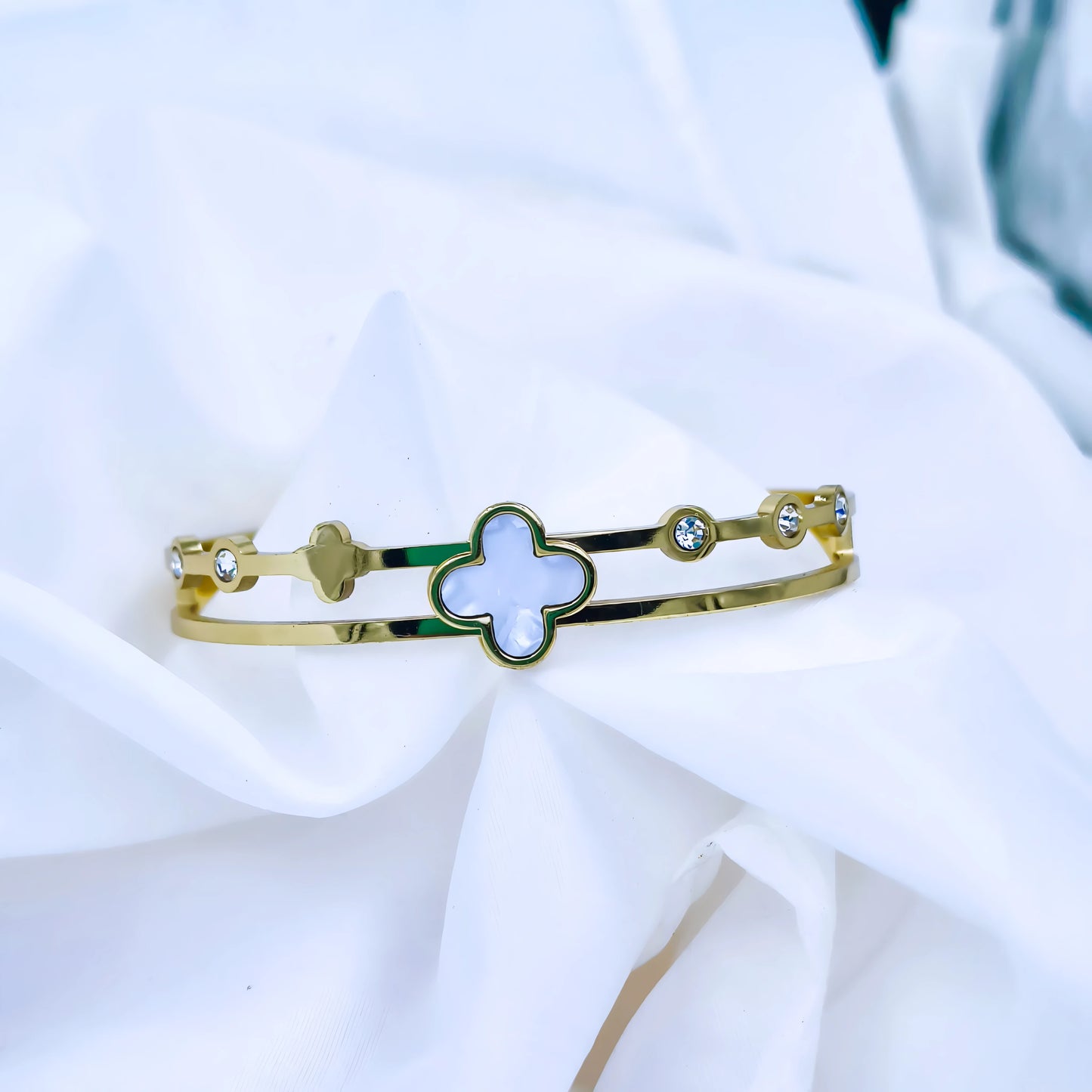 White Clover Crystal Accent Anti-Tarnish Gold Plated Kada / Bracelet