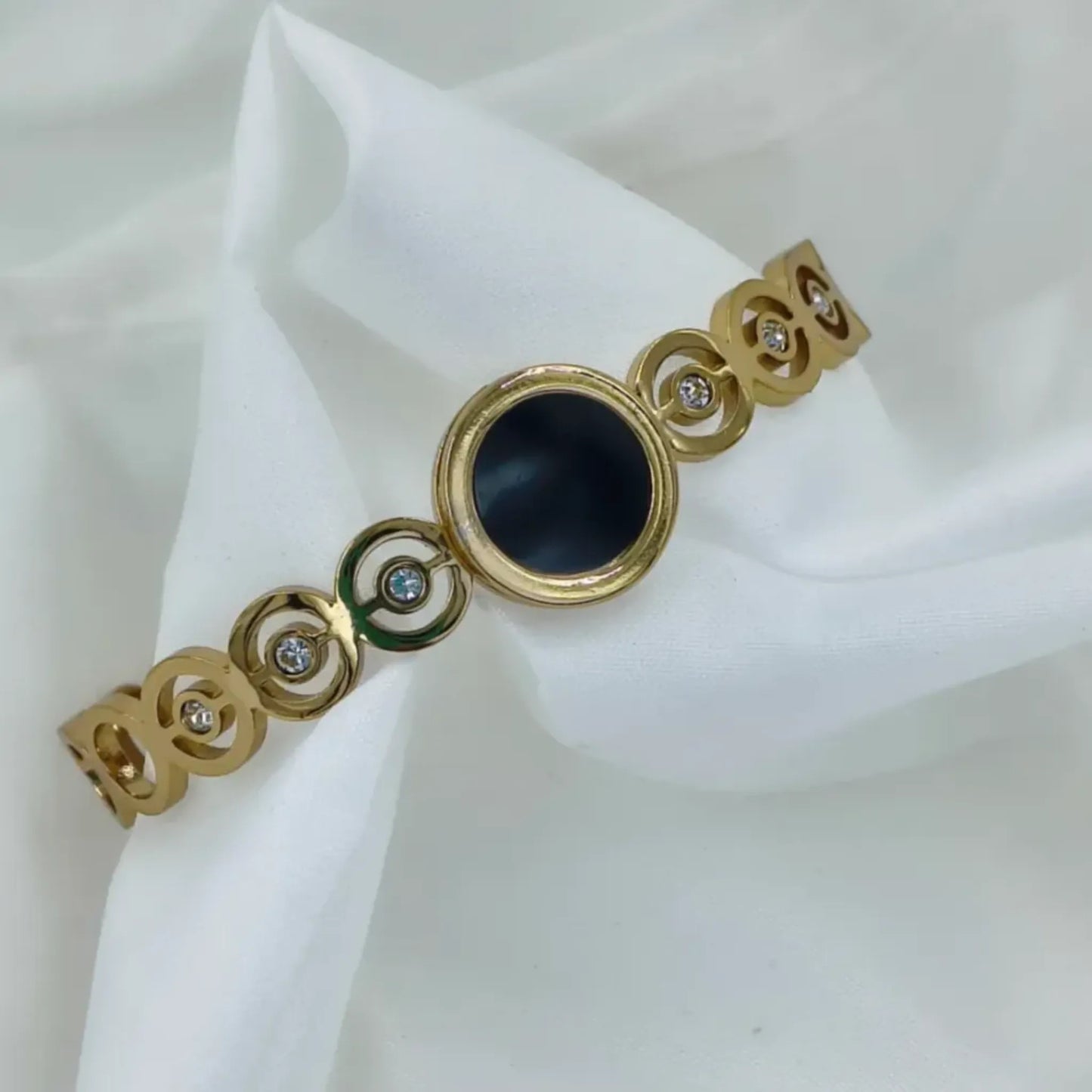 Elegant Black Stone Gold Plated Anti-Tarnish Kada/Bracelet - Free Size