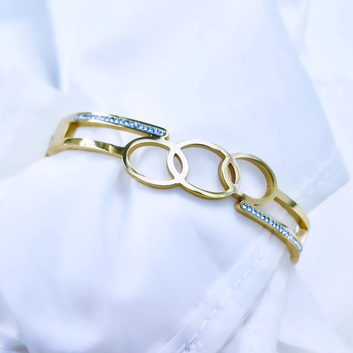 Triple Circle Crystal Anti-Tarnish Gold Plated Kada / Bracelet