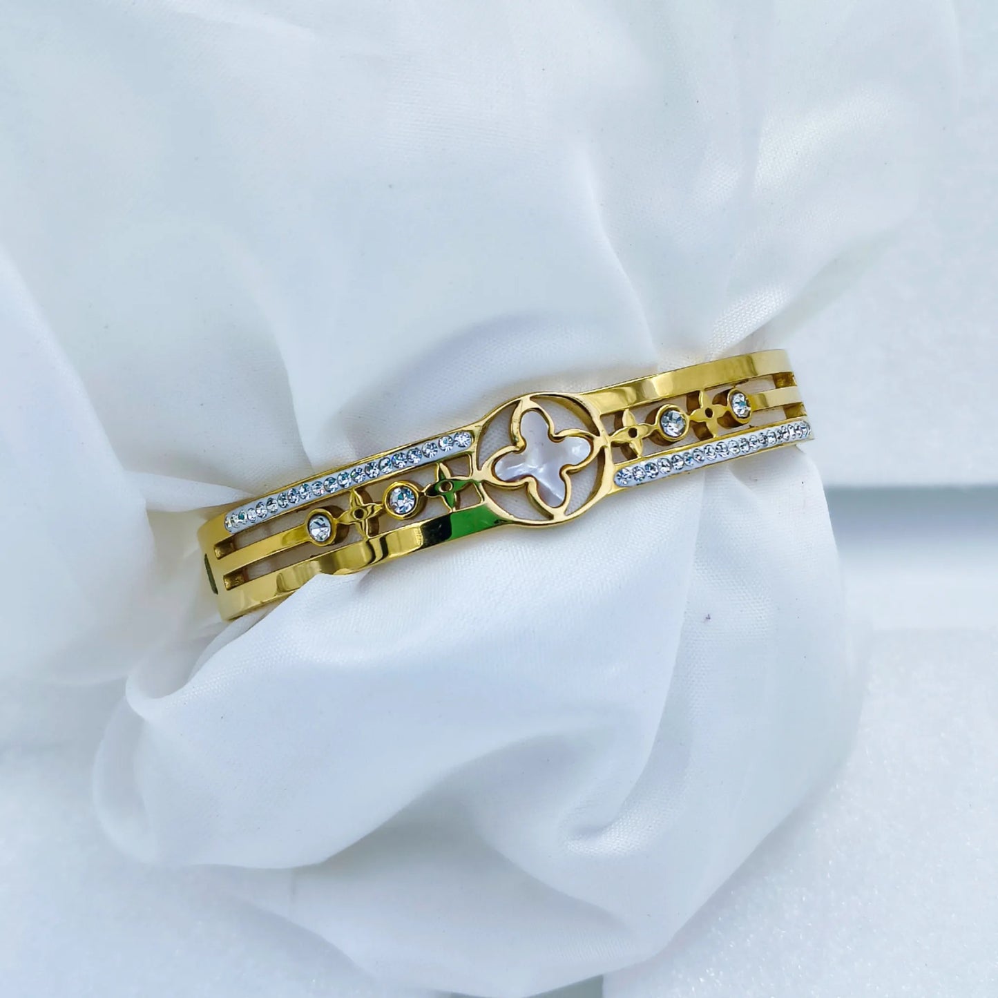 Anti Tarnish Gold Plated Kada Bracelet with White Stones & Designer Motif